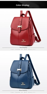 Detail of red and blue vintage backpacks with textured litchi pattern and metal clasp