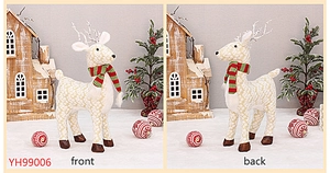 Front and back view of fabric reindeer ornament with knit pattern and striped scarf