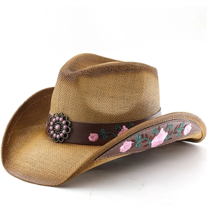 Western Cowboy Straw Hat Rose Flower Embroidery Leather Band Retro Wide Brim Sun Protection Breathable Jazz Fedora Unisex