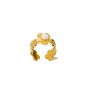 Elegant gold flower pearl open ring in stainless steel with a minimalist floral design