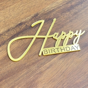 Variante de topper de gâteau Happy Birthday en acrylique doré, idéal pour fête d'anniversaire.