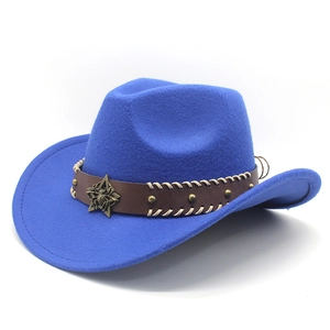 Detail of royal blue felt cowboy hat featuring leather band with spider star metal buckle