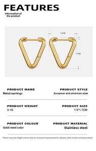 Detail of 18K gold plated stainless steel triangle earrings with 1.5x1.7cm dimensions