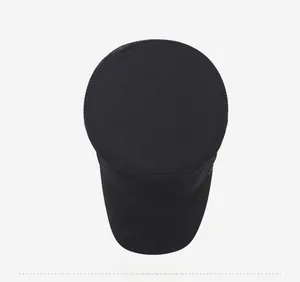 Top down view of a black flat top military style cap with breathable mesh and structured crown