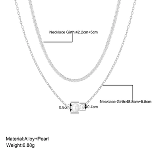 Detailed size specifications for silver double-layered snake chain and pearl necklace