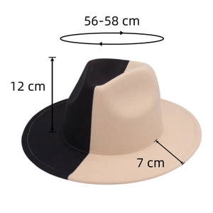 Detail view of two-tone jazz fedora with dimensions: 56-58cm head girth and 7cm wide brim