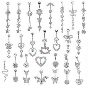 Detailed assortment of stainless steel belly rings with zircon hearts and butterflies