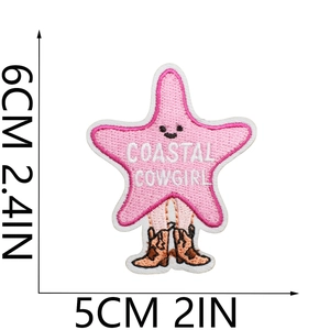 Detail of pink star Coastal Cowgirl embroidered patch with size dimensions shown