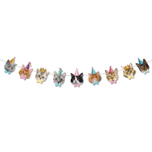 Detailed view of cat face party banner with cute felines wearing hats on white background