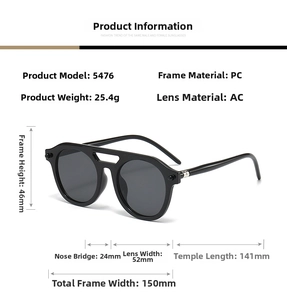 Detailed measurement chart of large round frame sunglasses with PC frame and AC lens size