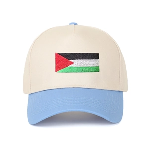 Classic two-tone baseball cap with beige crown, blue brim and embroidered national flag