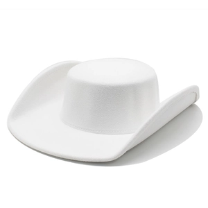 Close-up of white wool felt hat with wide brim and detailed stitching on the edges