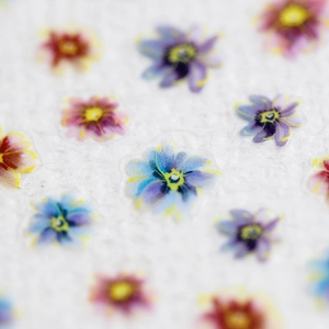 Detailed 5D floral nail art stickers with blue and purple flowers on a white background