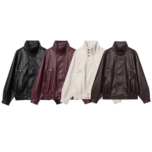 Women PU Leather Jacket Stand Collar Retro Loose Fit Faux Leather Streetwear Outerwear Coat Ladies Solid Color Long Sleeve