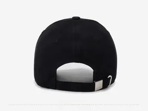 Detail view of the black baseball cap back with adjustable metal buckle and stitching