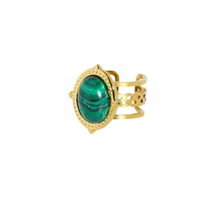 Bohemian gold ring with oval green malachite stone and triple-band braided metal design