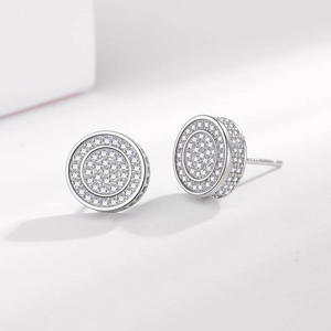 Hip hop style silver circular stud earrings with micro-paved sparkling cubic zirconia