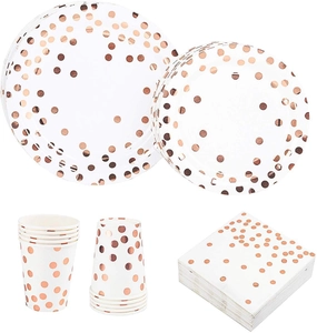 Detailed set of white disposable plates, cups and napkins with rose gold polka dots