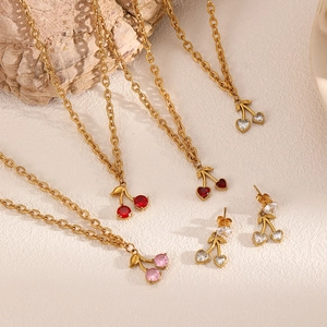 Collana E Orecchini Frutta Ciliegia Fungo Zircone Cuore Cristallo Smalto Acciaio Inossidabile Placcato Oro Moda Donna