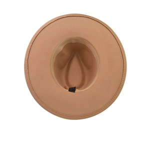 Inside view of camel wool felt fedora showing sweatband and product label detail