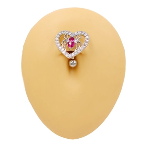 Silver heart spider belly ring with pink pear-shaped stone and white pave crystals