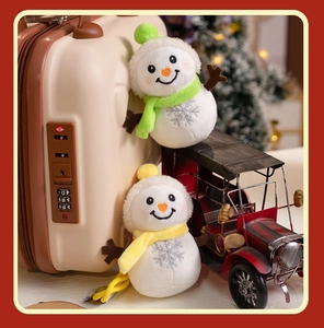 Close-up of adorable plush snowmen with snowflake embroidery in a festive setting