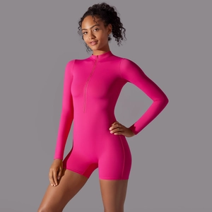 Detailed view of the hot pink long sleeve romper with front zipper and stand collar