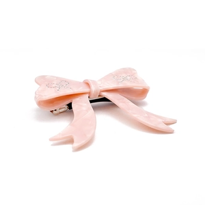 Pink acetate bow hair clip with sparkling rhinestones for elegant women hair styling