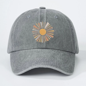 Vintage washed grey denim baseball cap with sunburst print and adjustable strap