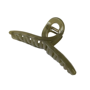Large olive green translucent hair claw clip with cross twist design and gold spring