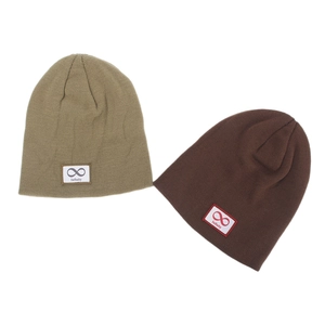 Knitted beanie hat in khaki and dark brown with infinity logo patch for autumn and winter