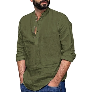Detail of army green cotton linen shirt featuring a grandad collar and button placket