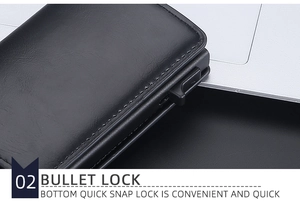 Detail showing the bottom quick snap lock mechanism of the black leather RFID wallet