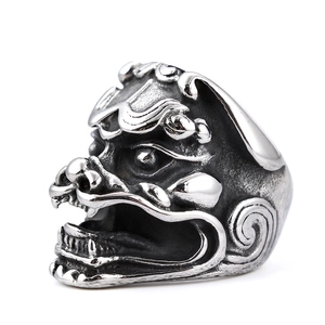 Retro punk style stainless steel ring with mythical beast lion head carving for men