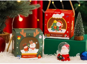 Christmas gift boxes with windows, golden ropes and cartoon illustrations in festive scene