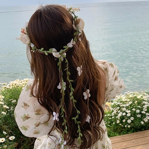 Artificial Flower Crown Headband Satin Floral Wreath With Green Leaves Butterfly Forest Mori Style Bridal Wedding Photography