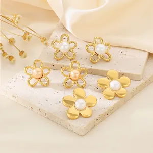 Sweet Hollow Flower Stud Earrings With Faux Artificial Pearl Stainless Steel Elegant Floral Jewelry For Women