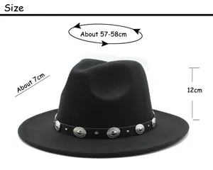 Detailed size chart for black wool jazz hat with 57-58cm head circumference and 7cm brim