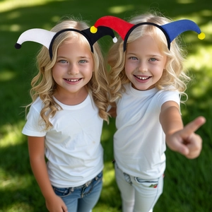 Harlequin style clown headbands in red, blue, black and white plush for Halloween costumes