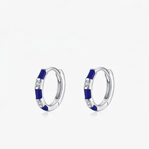 925 Sterling Silver Hoop Earrings With Blue Enamel And Cubic Zirconia Inlaid Geometric Vintage Minimalist Jewelry For Women
