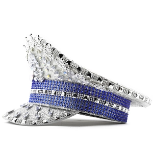 Luxury silver sequin captain hat with blue rhinestones and metallic studs for party