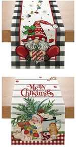 Detailed Christmas table runner featuring festive Santa and Gnome holiday patterns