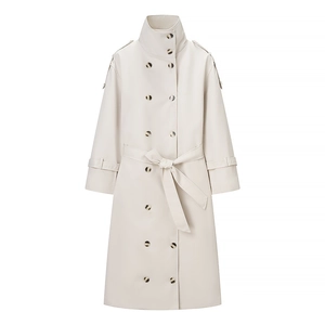 Classic cream double-breasted trench coat with waist belt and stand collar for women