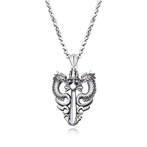 Hip hop silver double dragon sword pendant necklace with guardian heart design for men