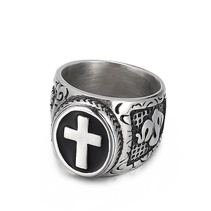 Vintage stainless steel cross ring for men with dragon relief patterns on white background