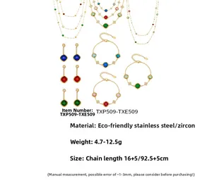 Detailed set of gold stainless steel jewelry with colorful square zircons and flower motifs