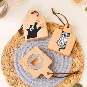 Magnetic Bottle Opener Fridge Sticker Beech Wood Stainless Steel Cartoon Cat Pattern Portable Manual Opener With Rope