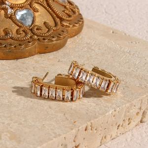 Minimalist 18K gold plated stainless steel C-shape earrings with inlaid rectangular zircons
