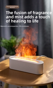 Minimalist white 3D flame diffuser with warm lighting effect on wooden table
