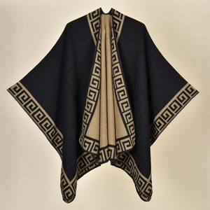 Retro Ethnic Geometric Pattern Poncho For Women Imitation Cashmere Warm Open Front Cape For Winter Travel Camping Outdoor Wrap